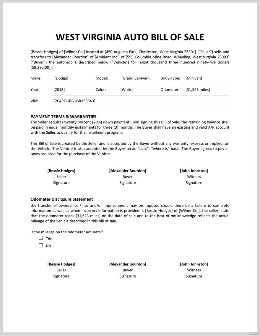Free West Virginia Auto Bill of Sale Form Template