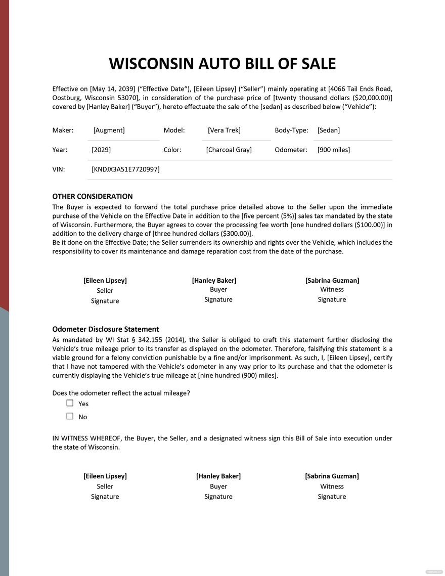 Wisconsin Auto Bill of Sale Template Download in Word, Google Docs