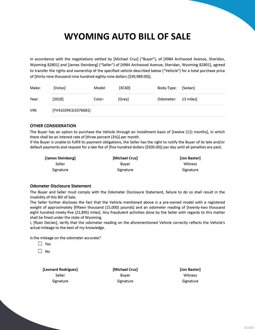 Wyoming Auto Bill of Sale Template