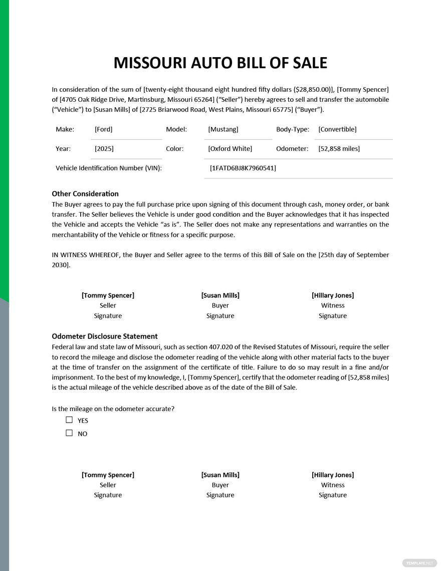  Bill Of Sale Missouri Template 