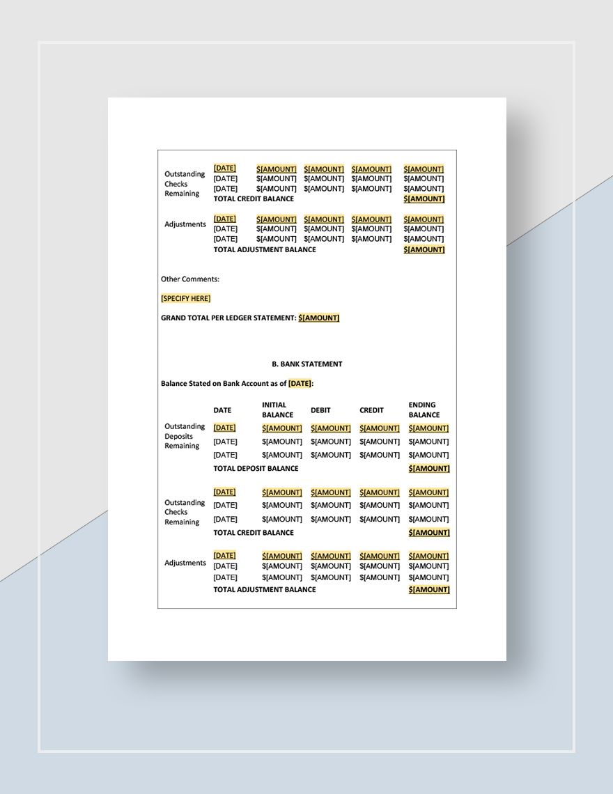 Bank Reconciliation Worksheet Template