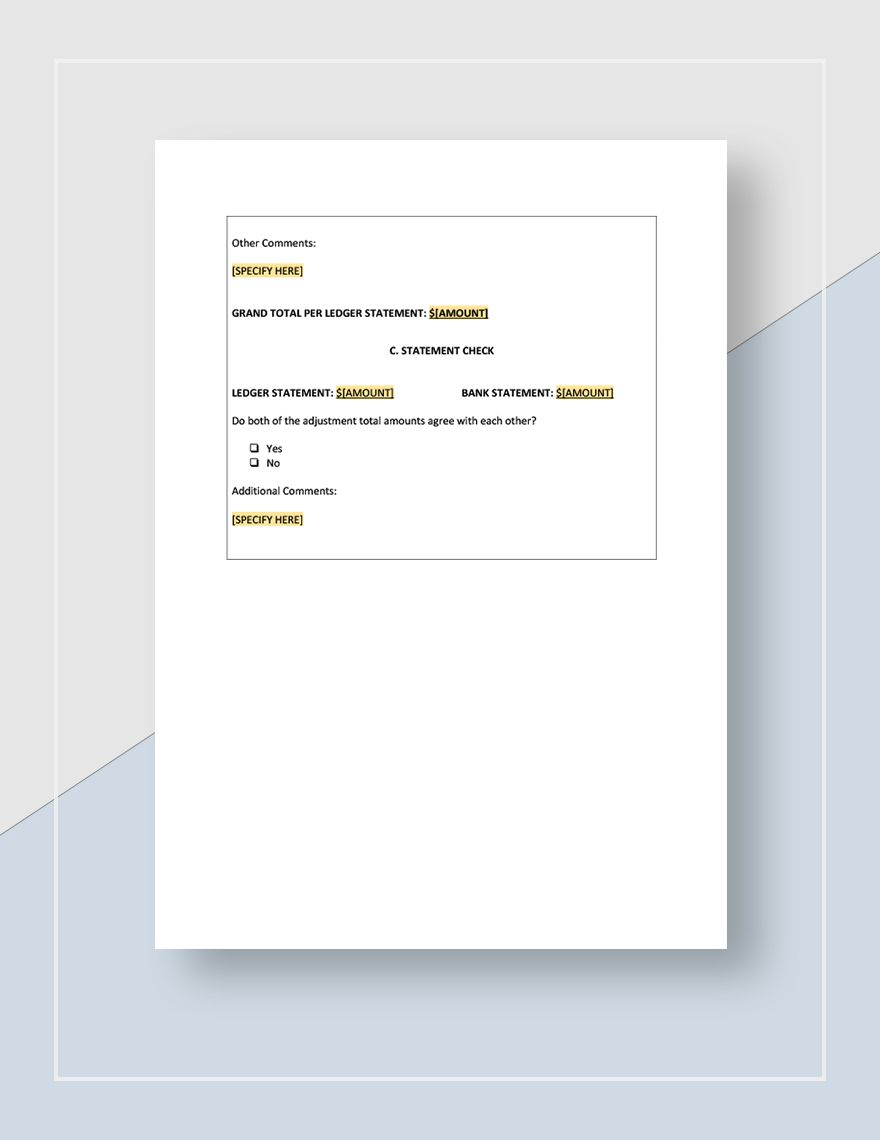 Bank Reconciliation Worksheet Template