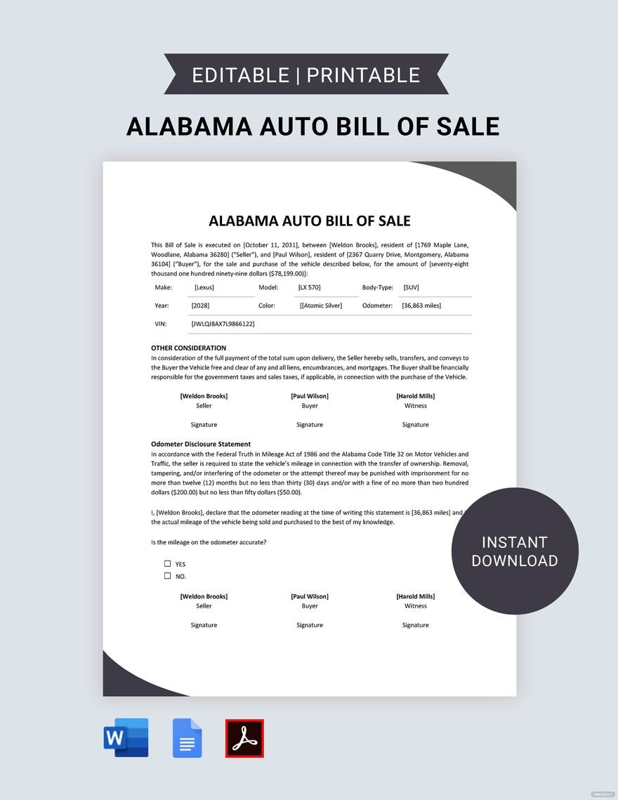 Alabama Auto Bill of Sale Template in Word, Google Docs, PDF
