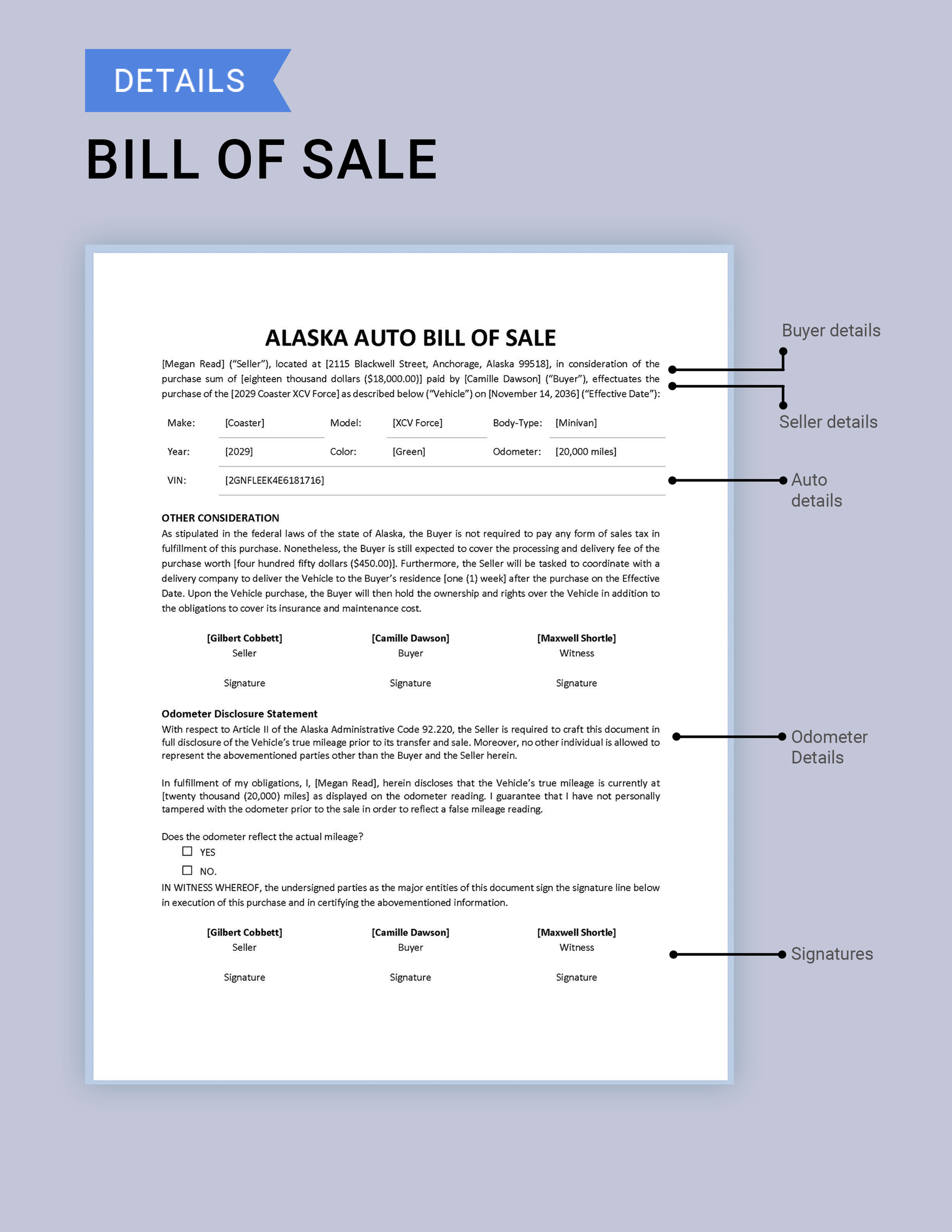 Alaska Auto Bill of Sale Form Template