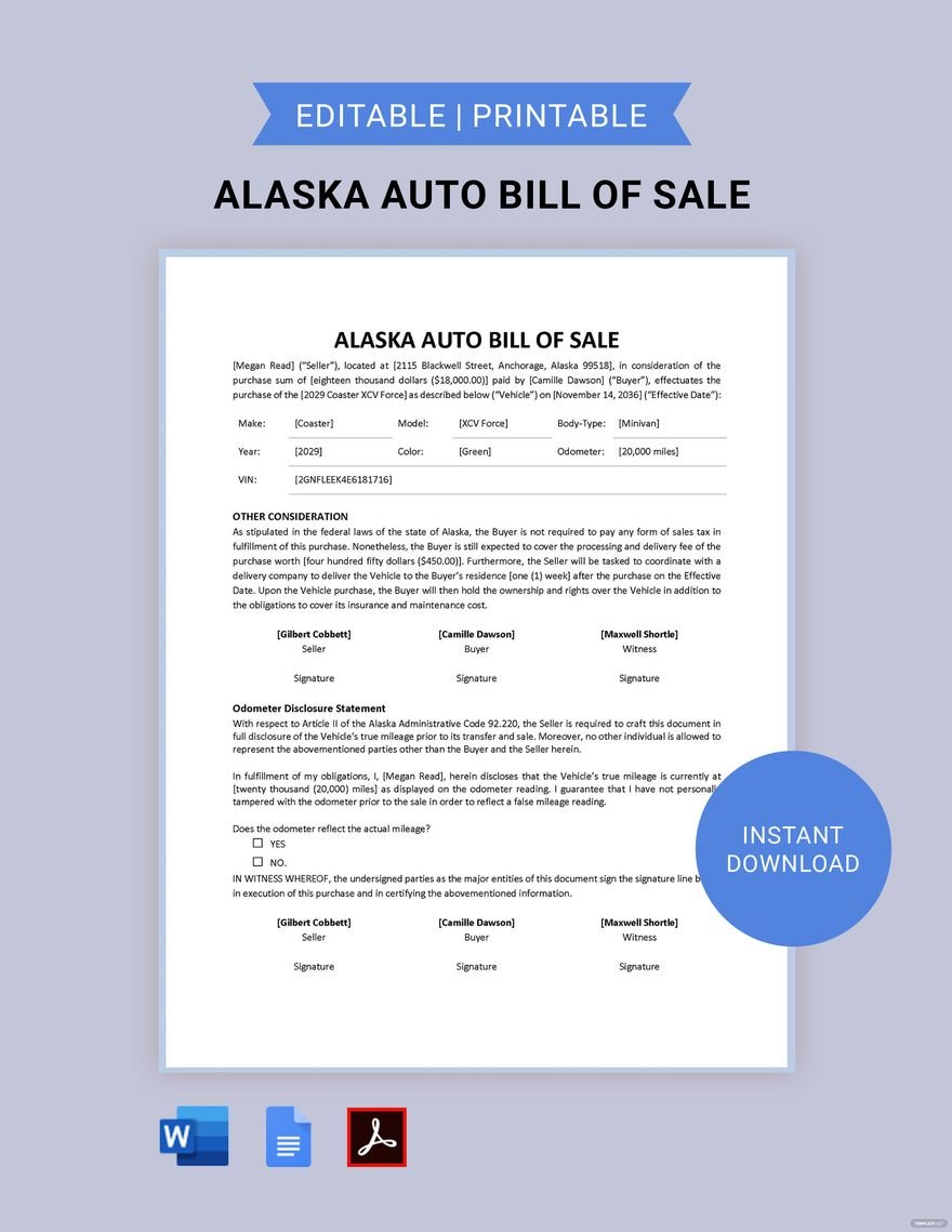 Alaska Auto Bill of Sale Form Template