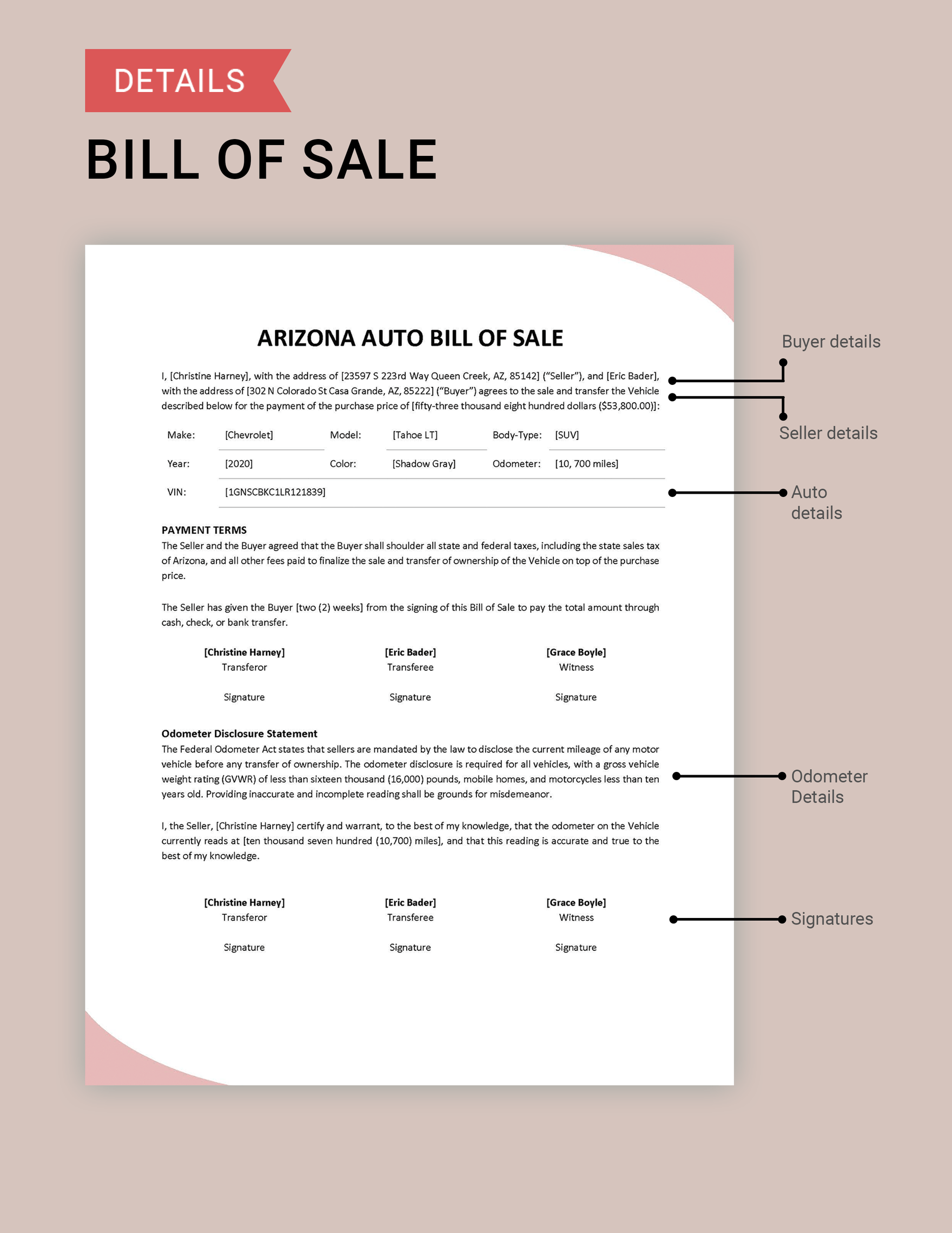 Arizona Auto Bill of Sale Template