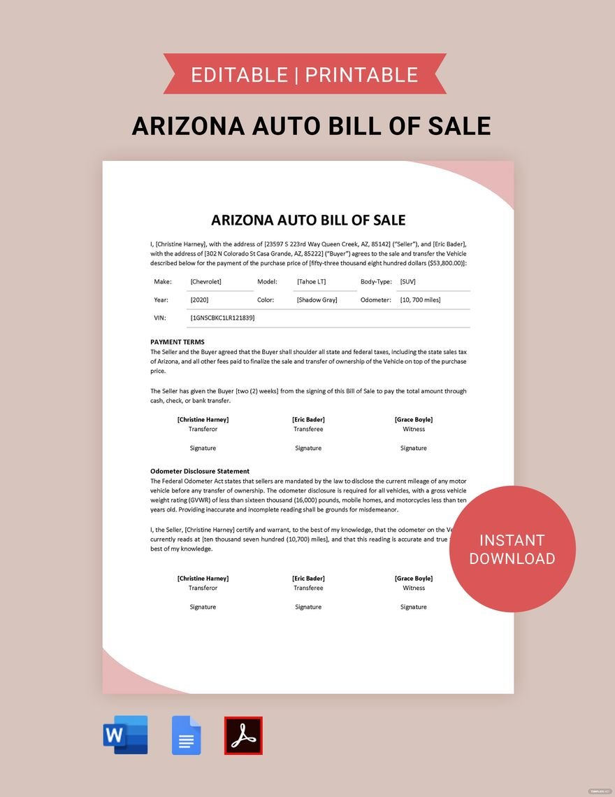 Arizona Auto Bill of Sale Template