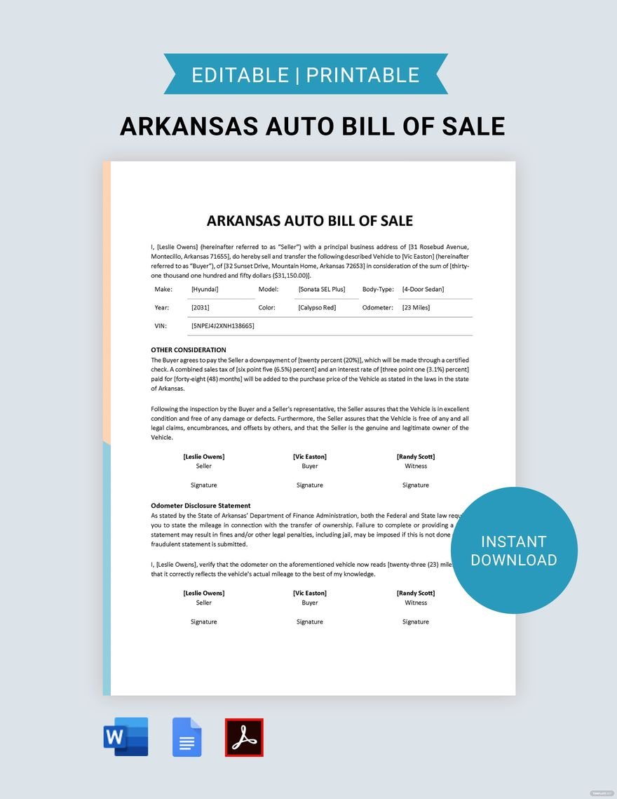 Arkansas Auto Bill of Sale Template in Word, Google Docs, PDF