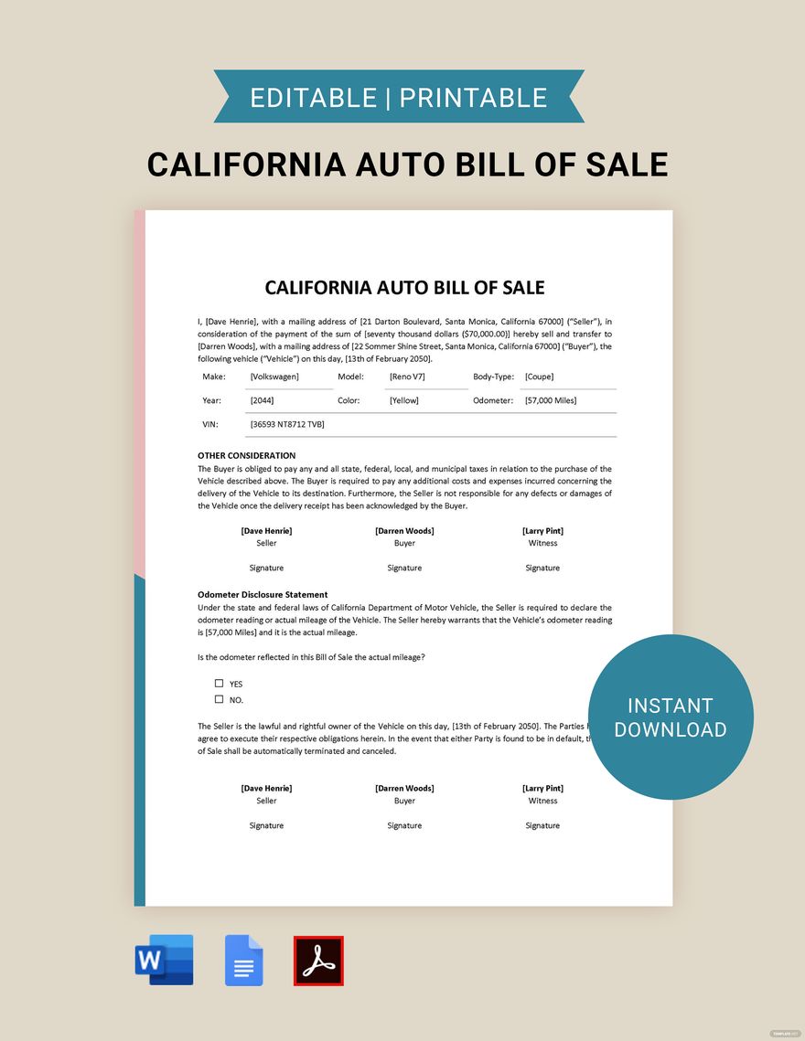 California Auto Bill of Sale Template in Word, Google Docs, PDF