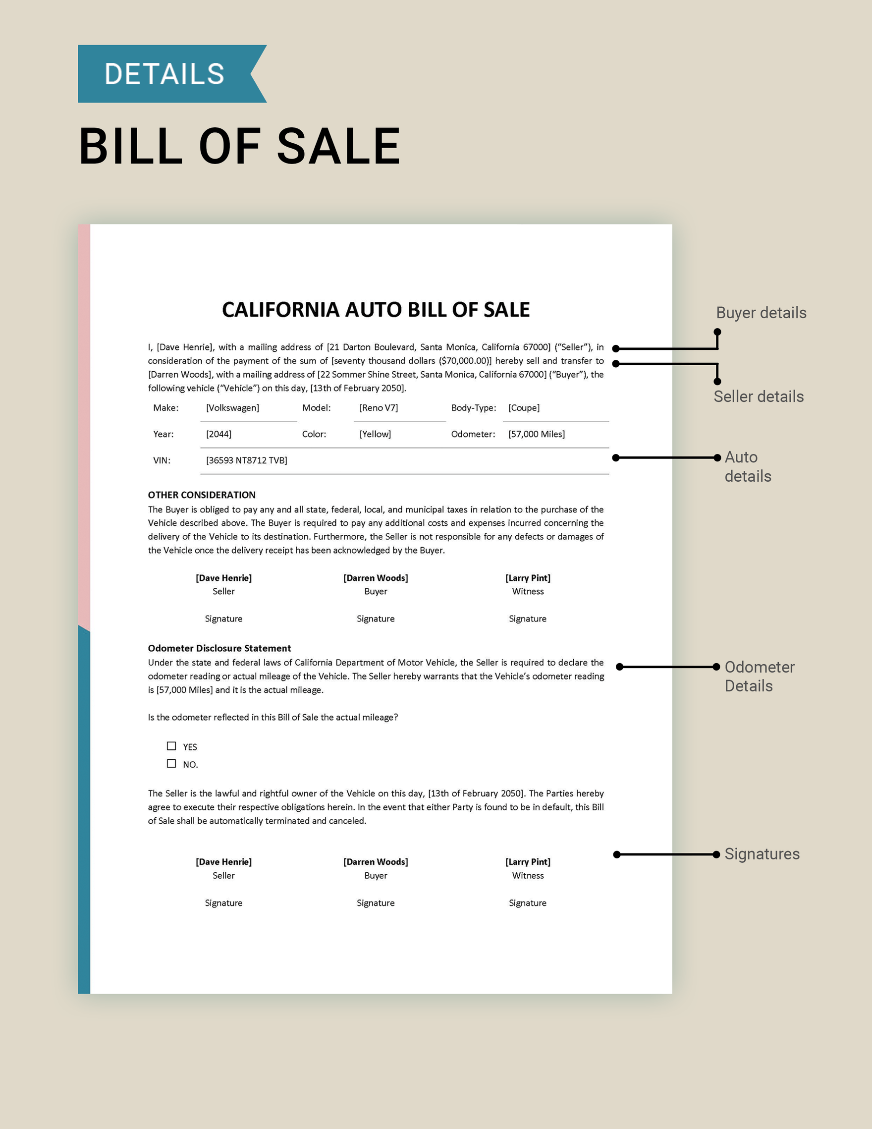 California Auto Bill of Sale Template