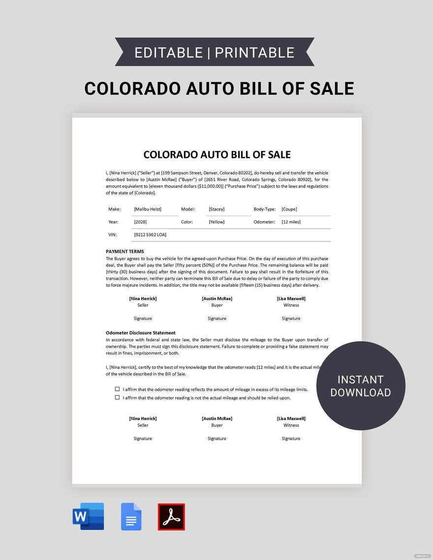 Colorado Auto Bill of Sale Template in Word PDF Google Docs