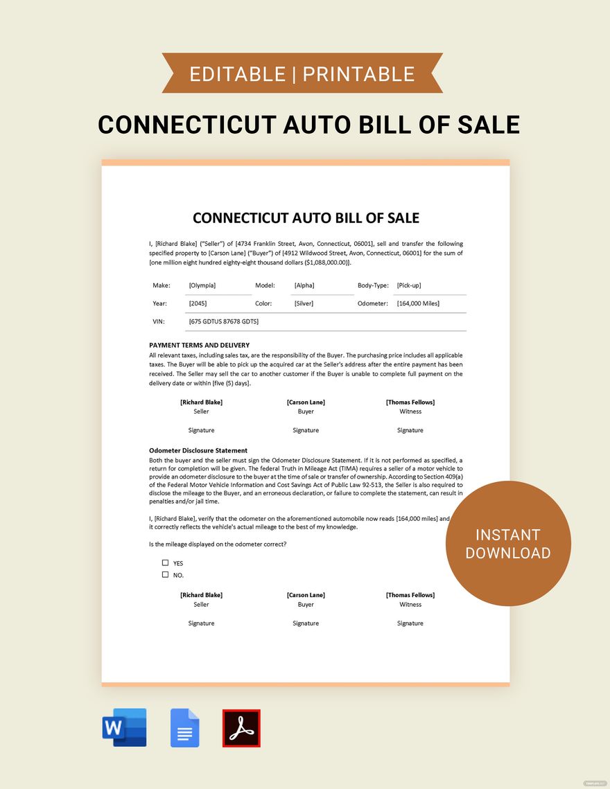 Connecticut Auto Bill of Sale Template in Word, Google Docs, PDF