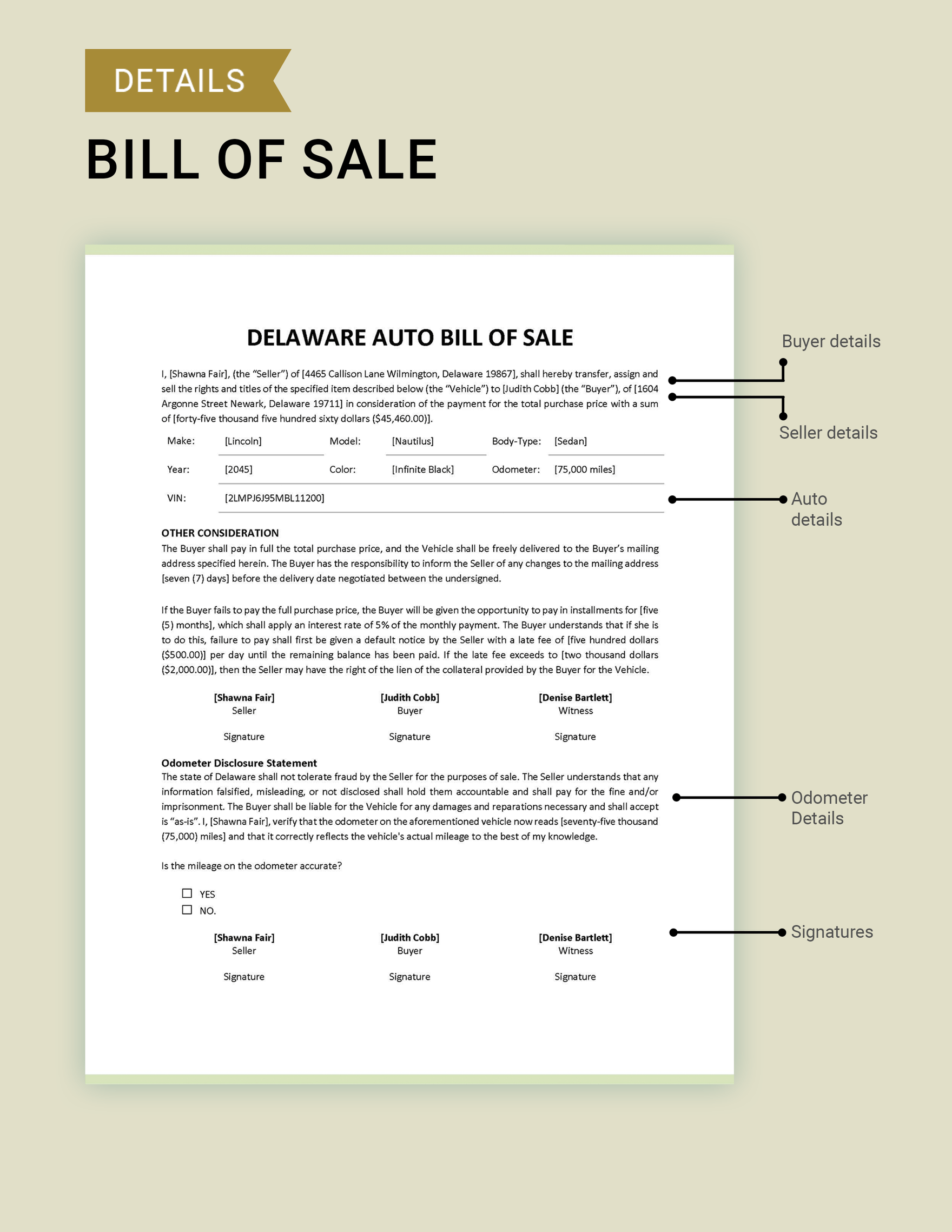 Delaware Auto Bill of Sale Template