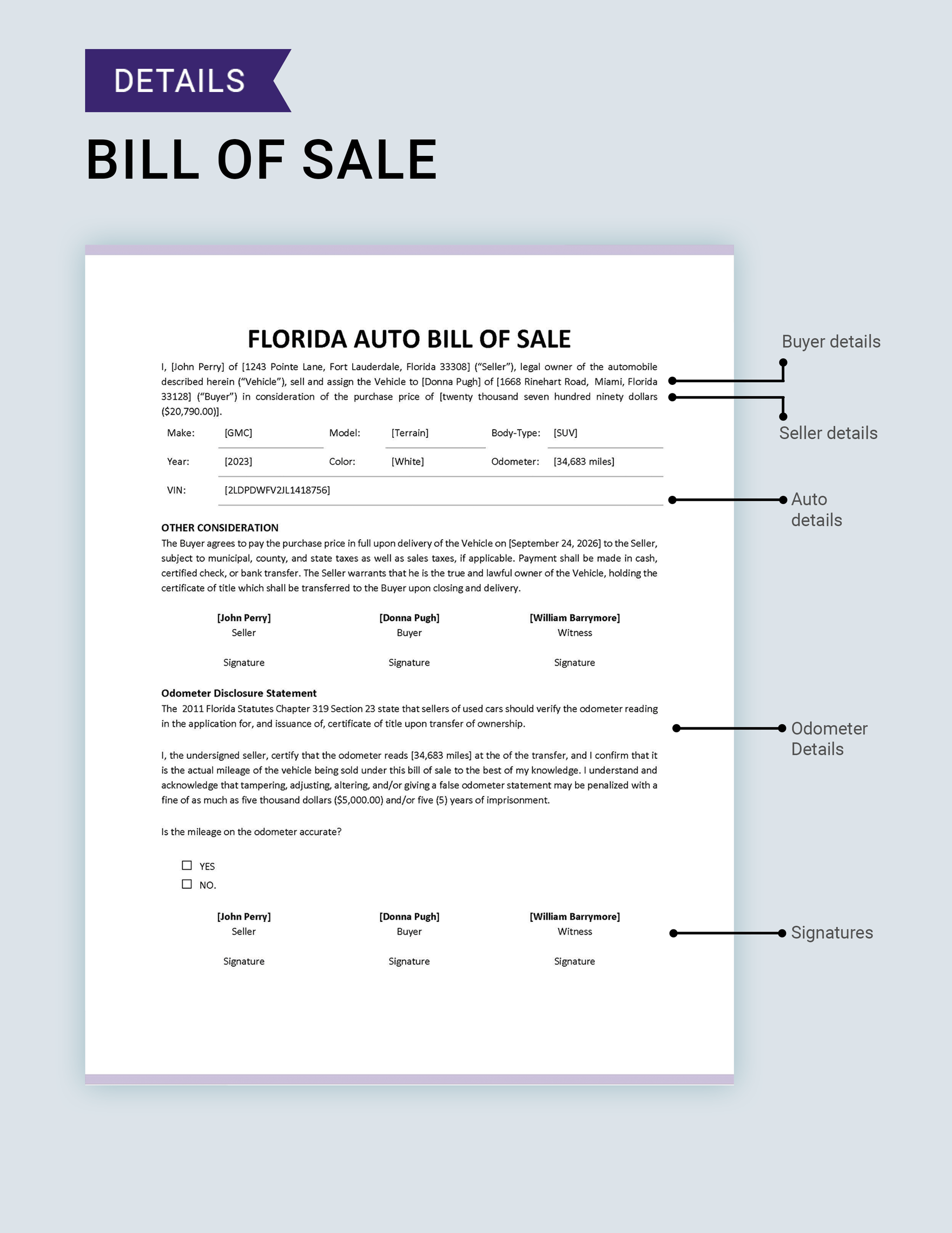 Florida Auto Bill of Sale Template Download in Word, Google Docs, PDF