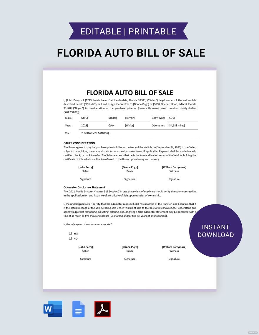 Florida Auto Bill of Sale Template in Word, Google Docs, PDF
