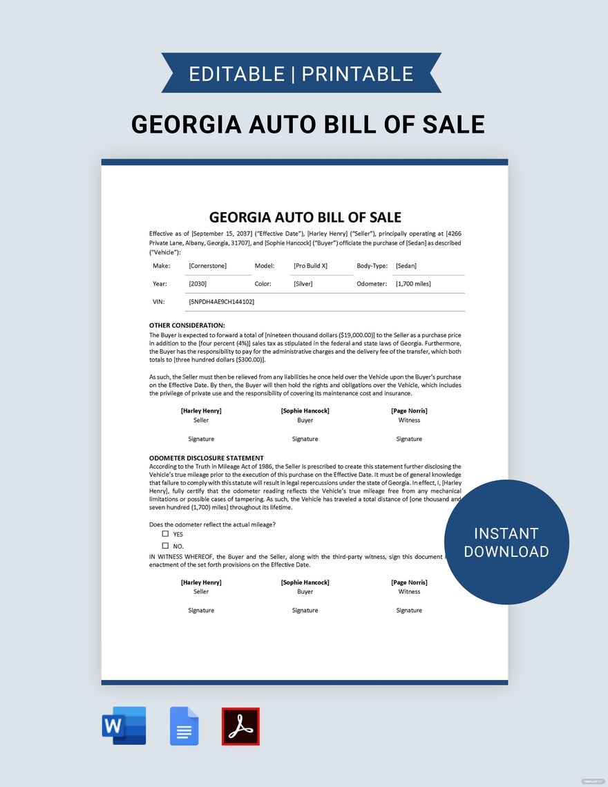 Georgia Auto Bill of Sale Template