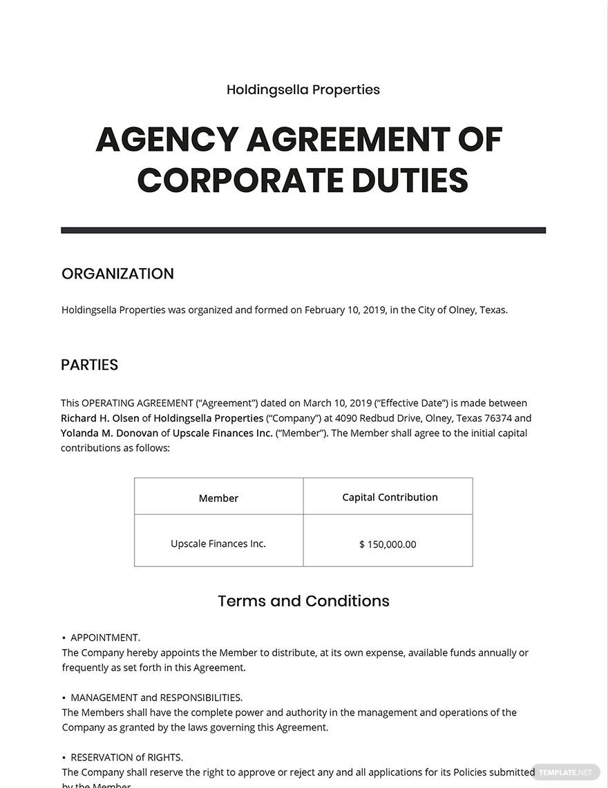 Agency Agreement Corporate Duties Template