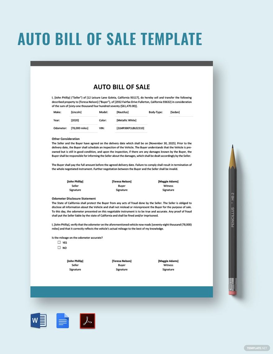 Auto Bill Of Sale Template Download In Word Google Docs PDF 