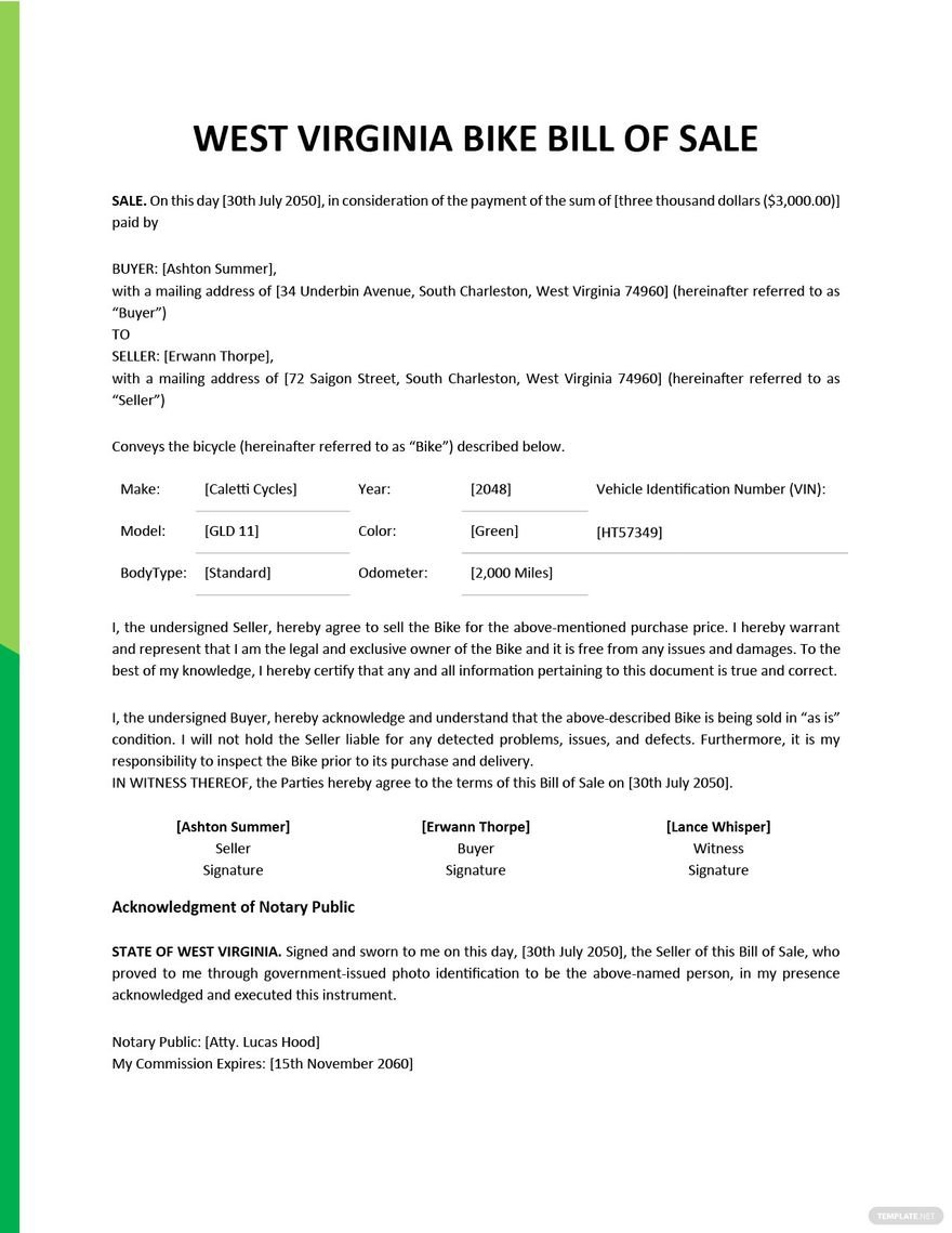 West Virginia Bike/ Bicycle Bill of Sale Template in Word, Google Docs, PDF