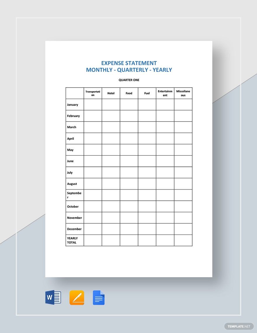 Expense Statement Monthly - Quarterly - Yearly Template