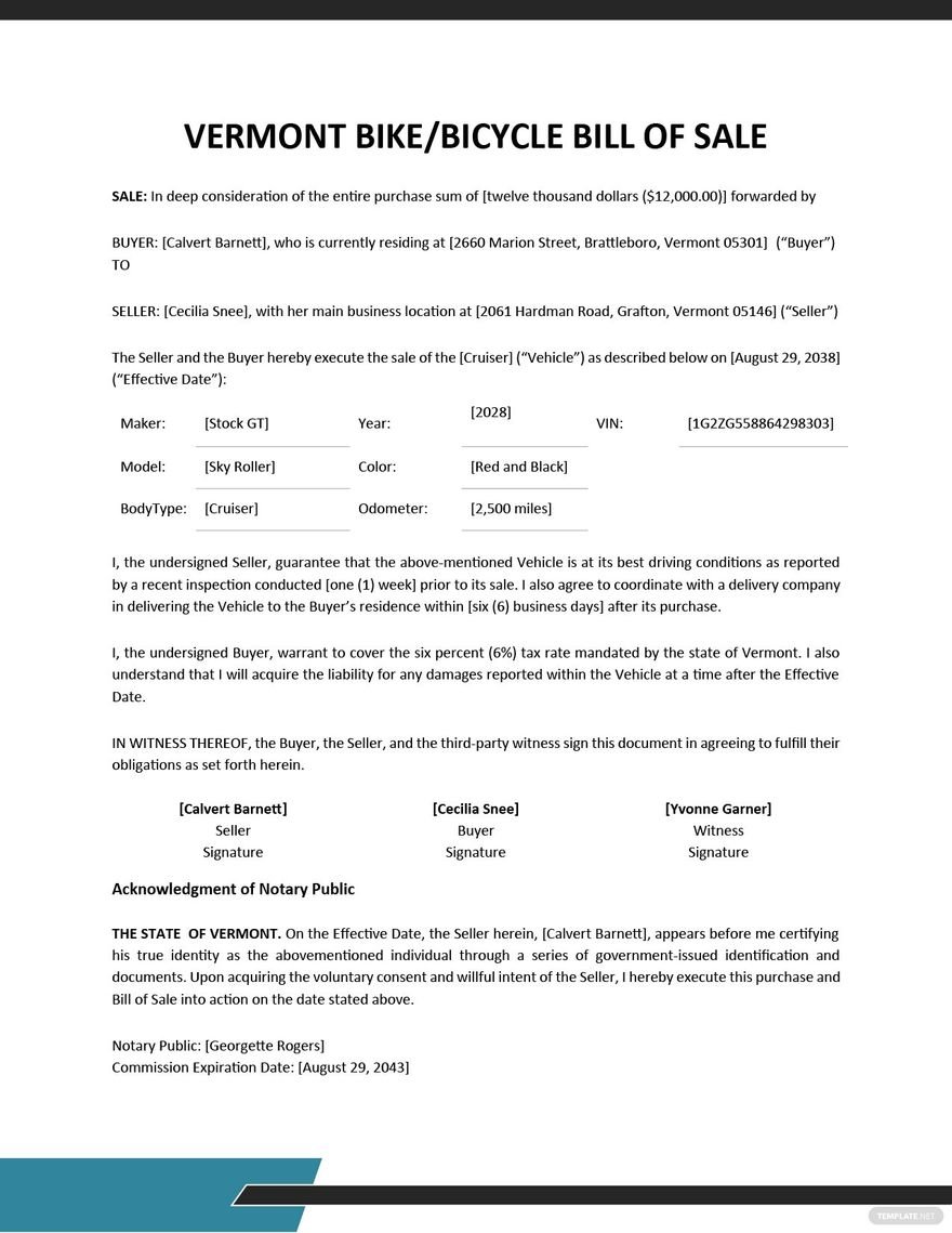 Vermont Bike/ Bicycle Bill of Sale Template
