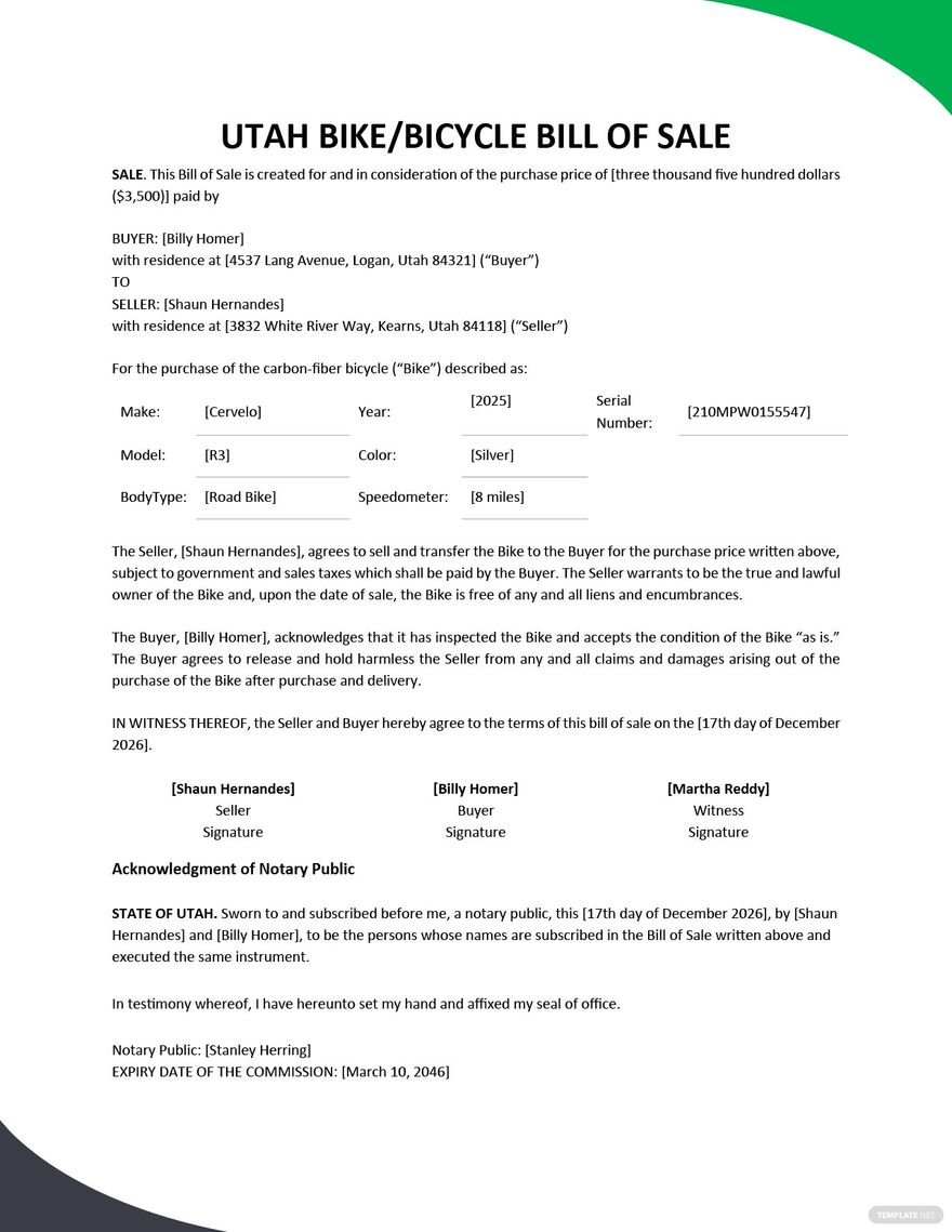 Utah Bike/ Bicycle Bill of Sale Template in Word, Google Docs, PDF