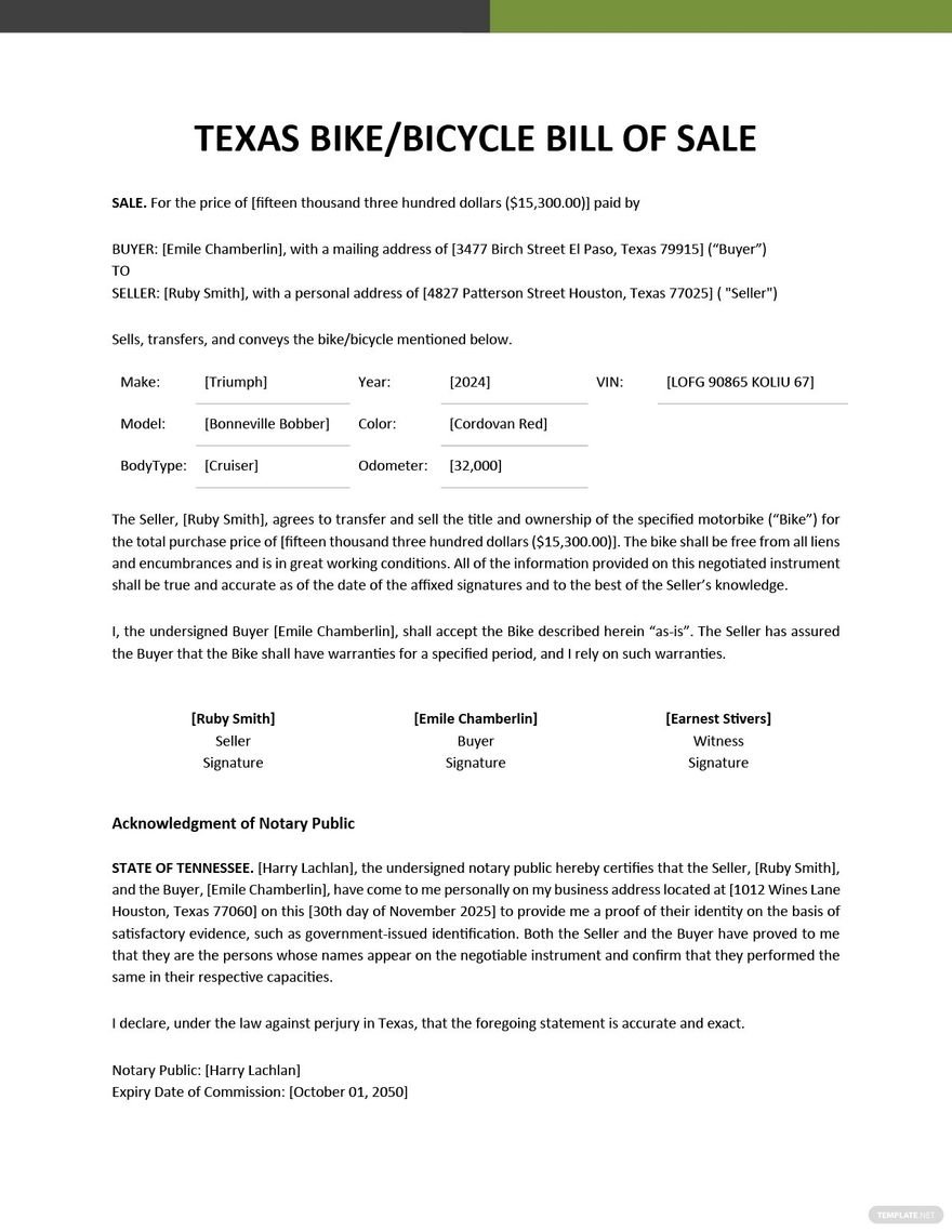 Free Texas Bike/ Bicycle Bill of Sale Form Template in Word, Google Docs, PDF