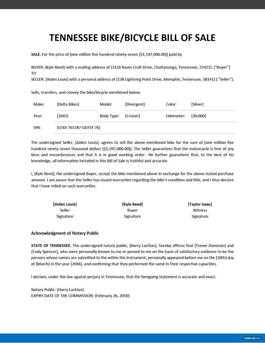 Tennessee Bike/ Bicycle Bill of Sale Template