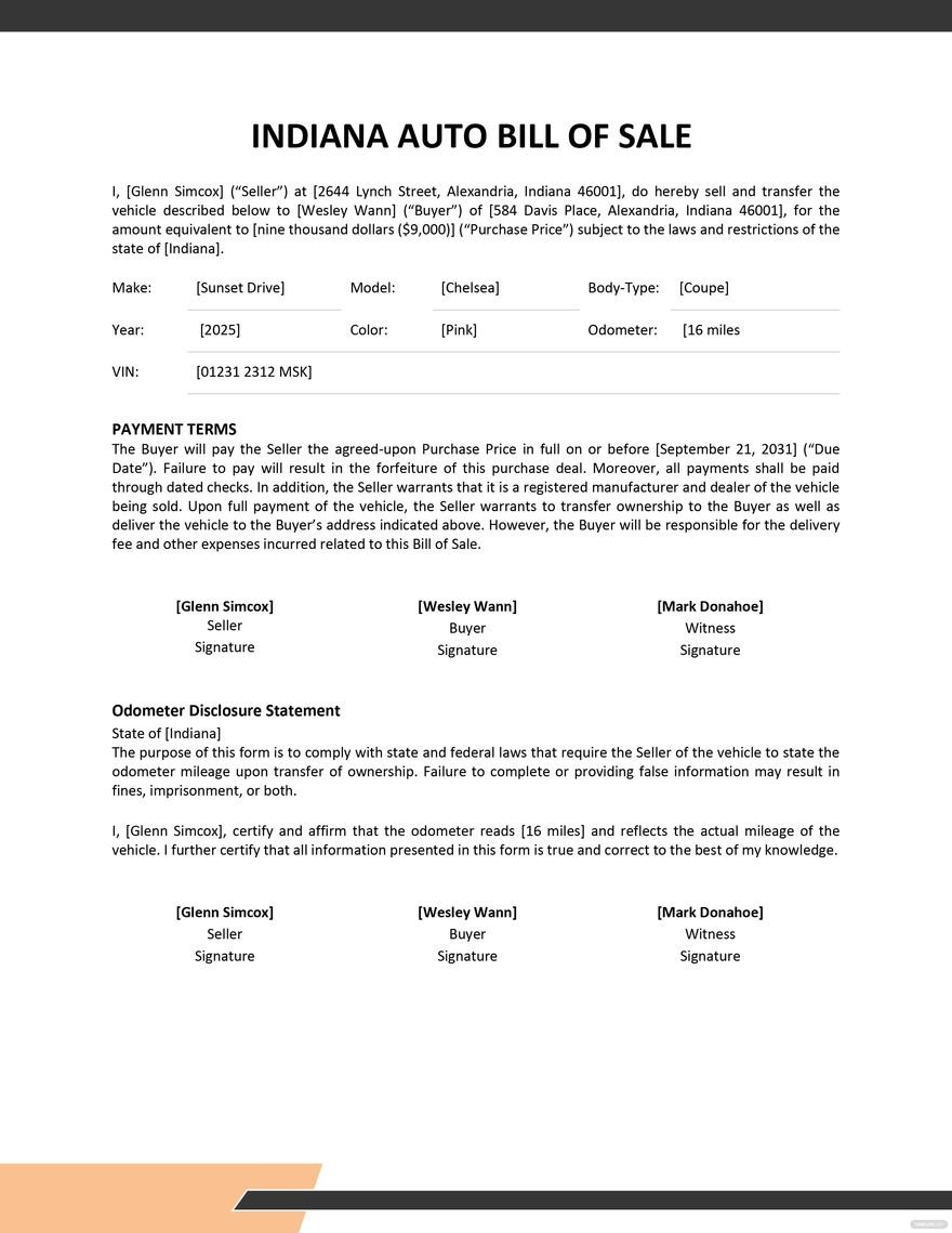 Indiana Vehicle Bill Of Sale Template Download in Word, Google Docs