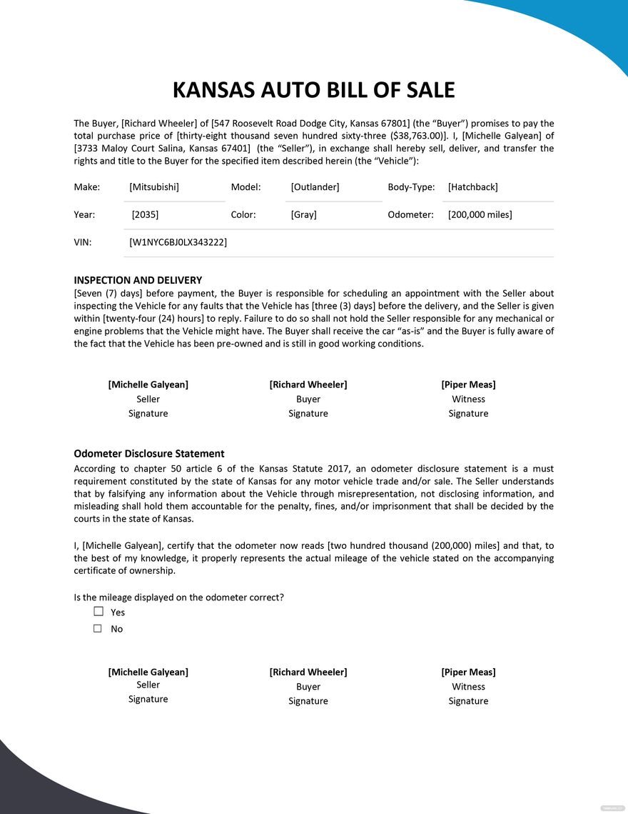 Kansas Truck Bill of Sale Template - Google Docs, Word, PDF | Template.net