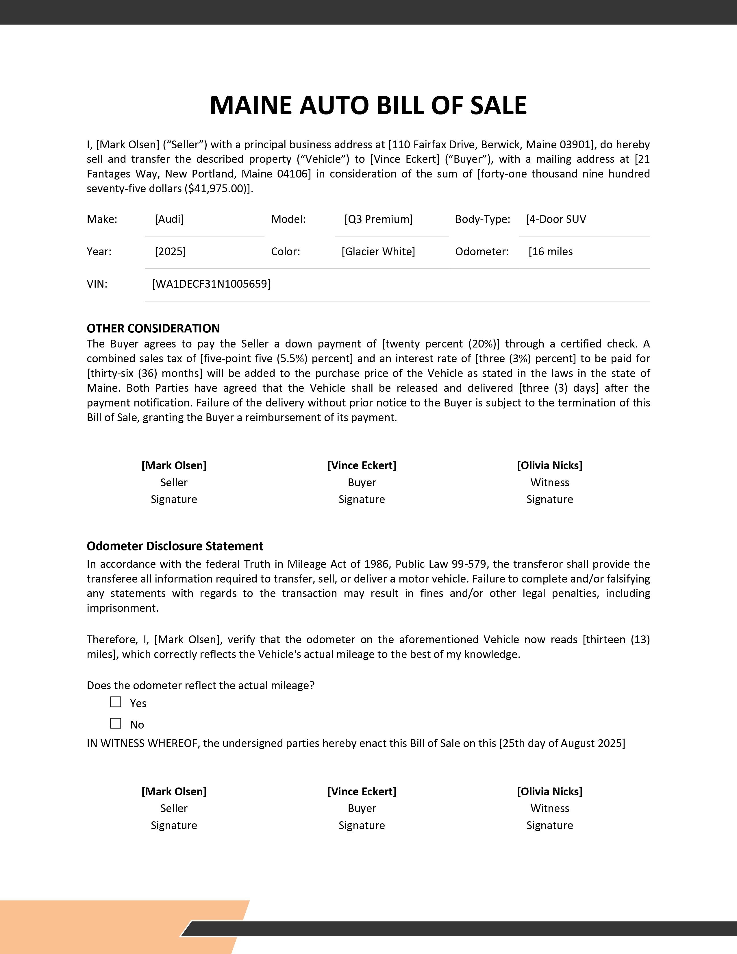Maine Auto Bill of Sale Template Google Docs, Word, PDF
