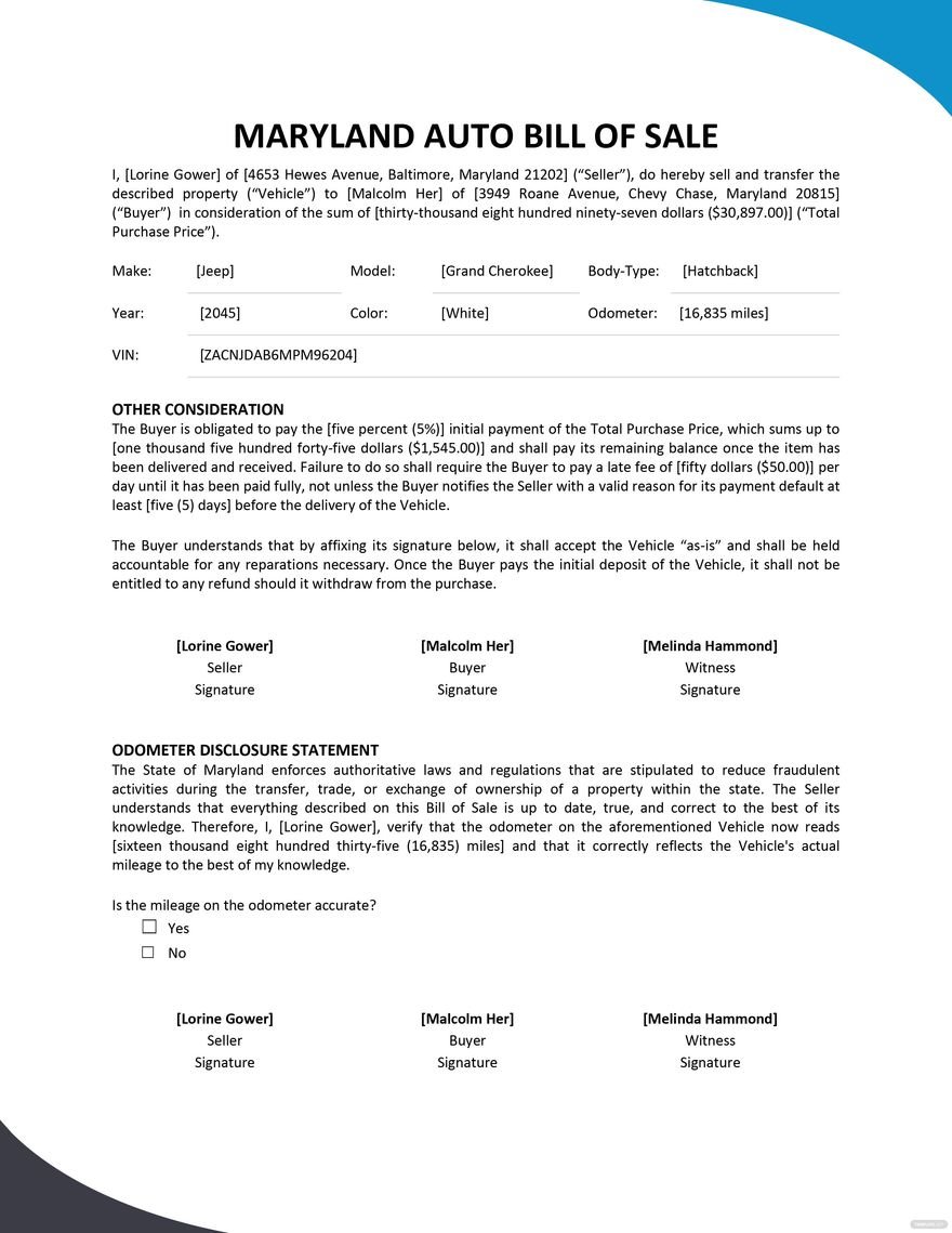 Vehicle Bill of Sale Template in Google Docs