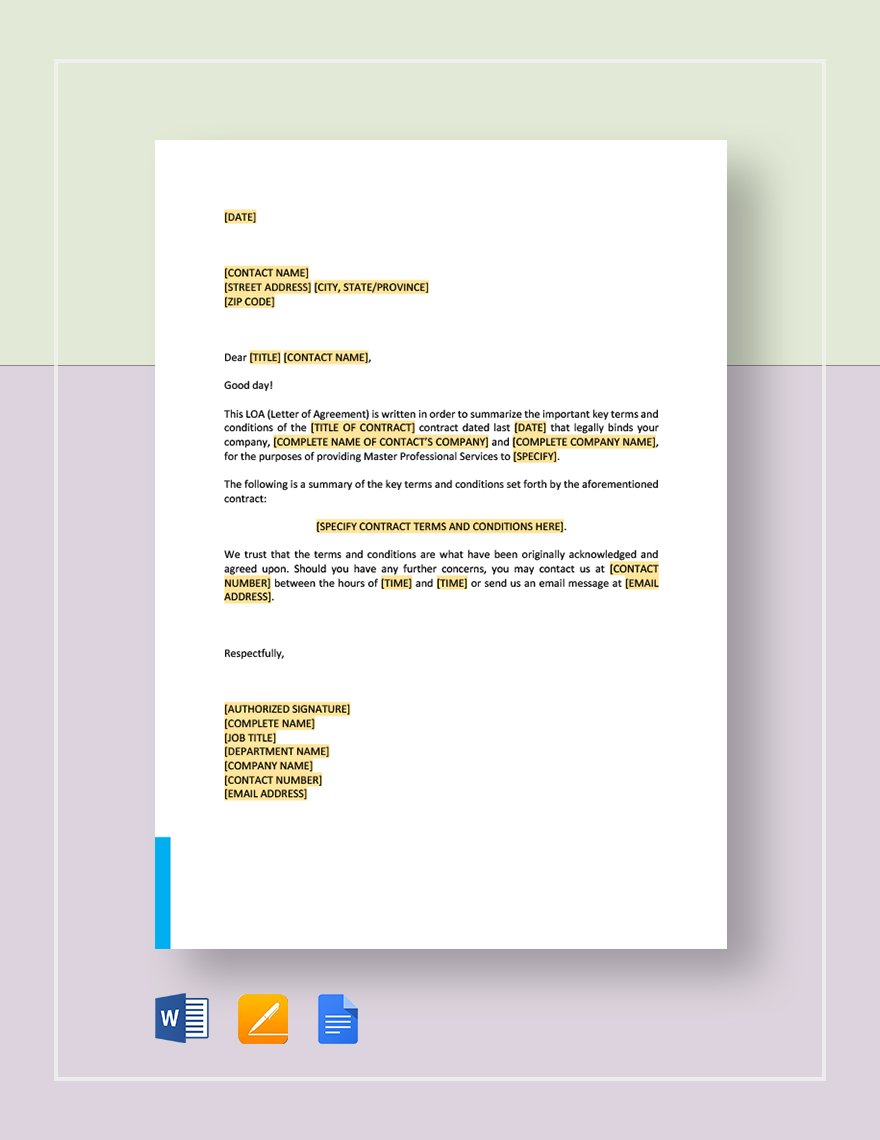 Letter of Agreement Master Professional Services Agreement Template