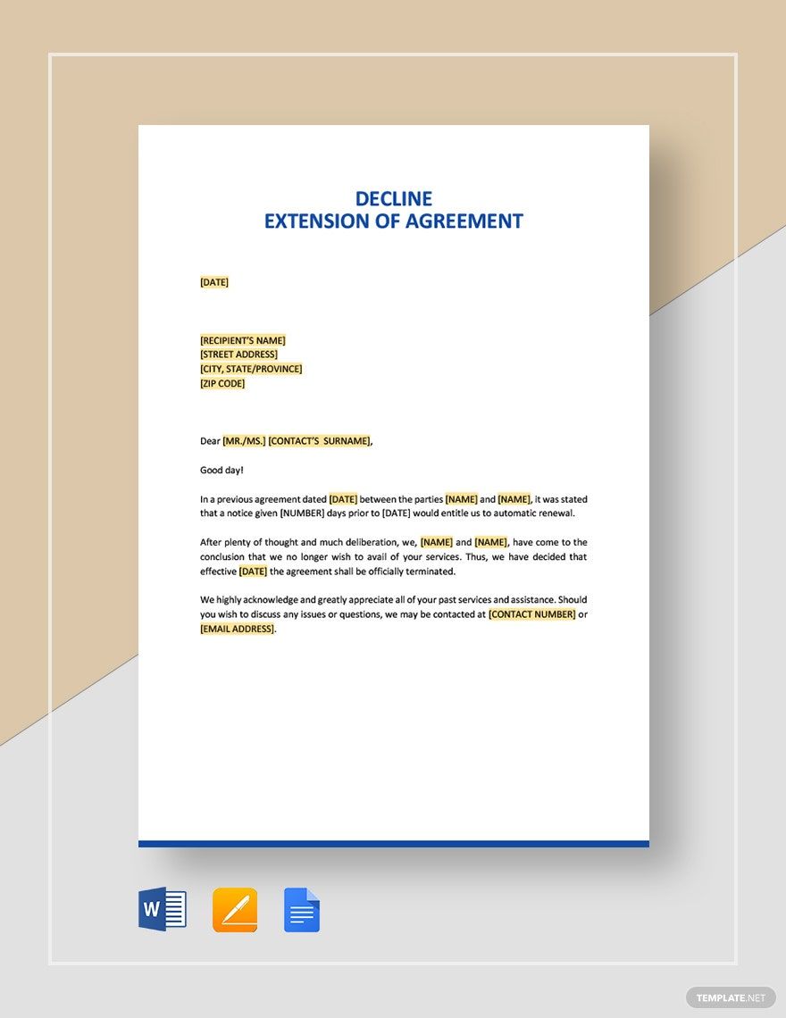 Decline Extension of Agreement Template in Word, Google Docs, Apple Pages