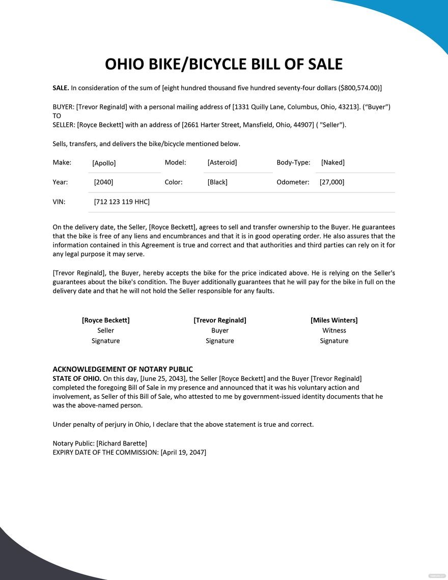 Ohio Bike/ Bicycle Bill of Sale Template in Word, Google Docs, PDF