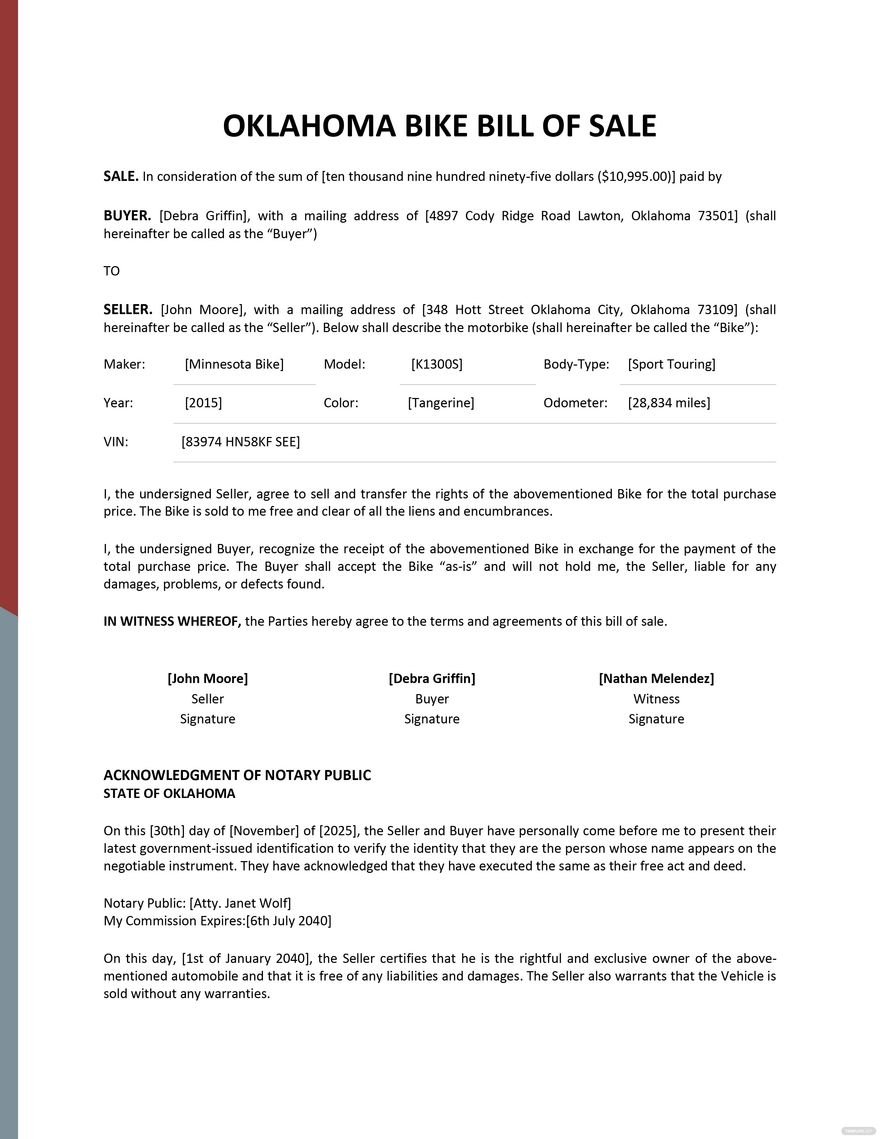 Oklahoma Bike/ Bicycle Bill of Sale Form Template