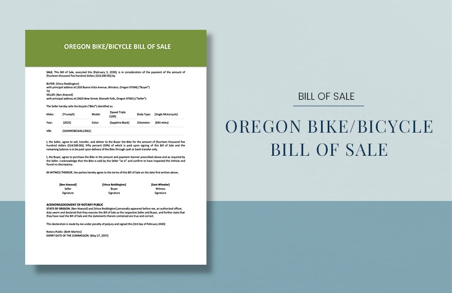 Oregon Bike/ Bicycle Bill of Sale Template in Word, Google Docs, PDF