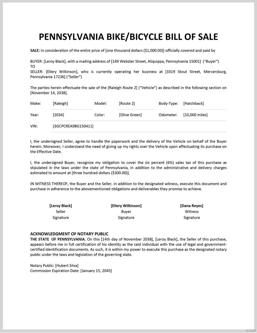 Pennsylvania Bike/ Bicycle Bill of Sale Form Template