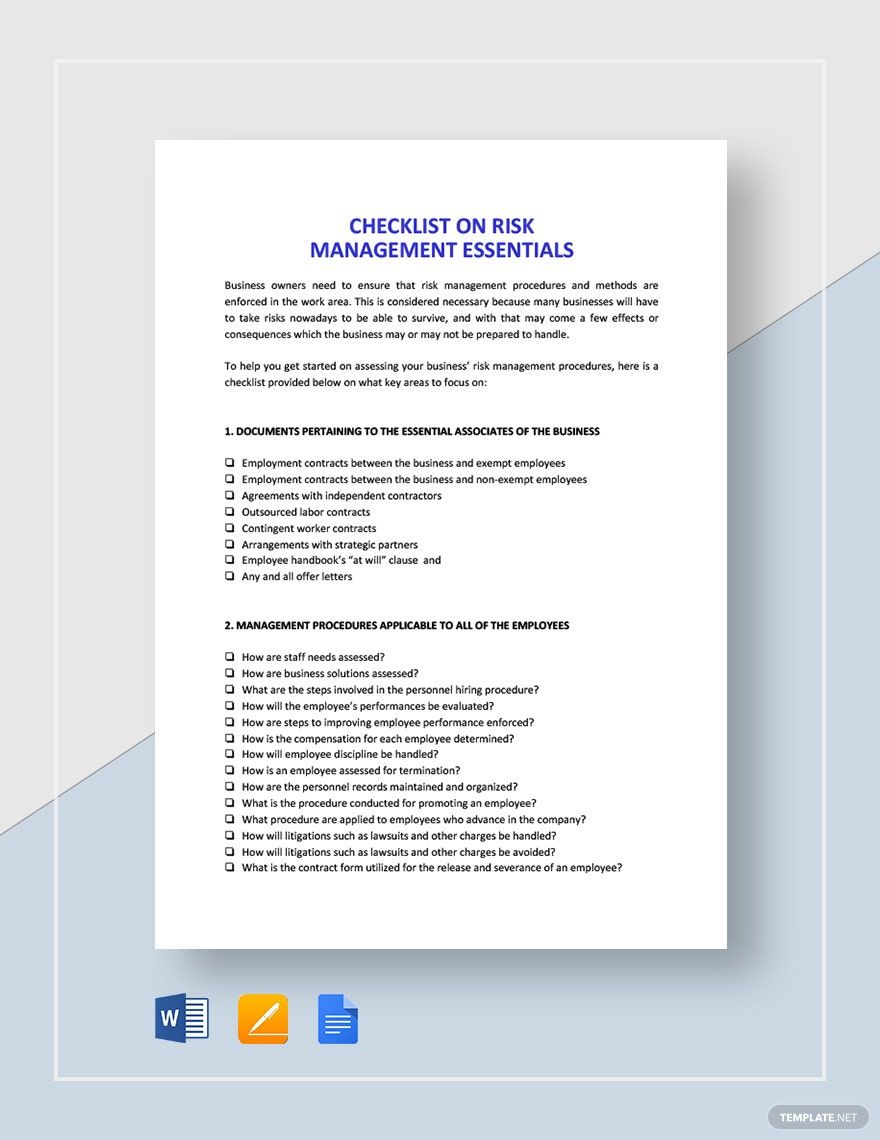 Checklist Risk Management Essentials Template in Word, Google Docs, Apple Pages