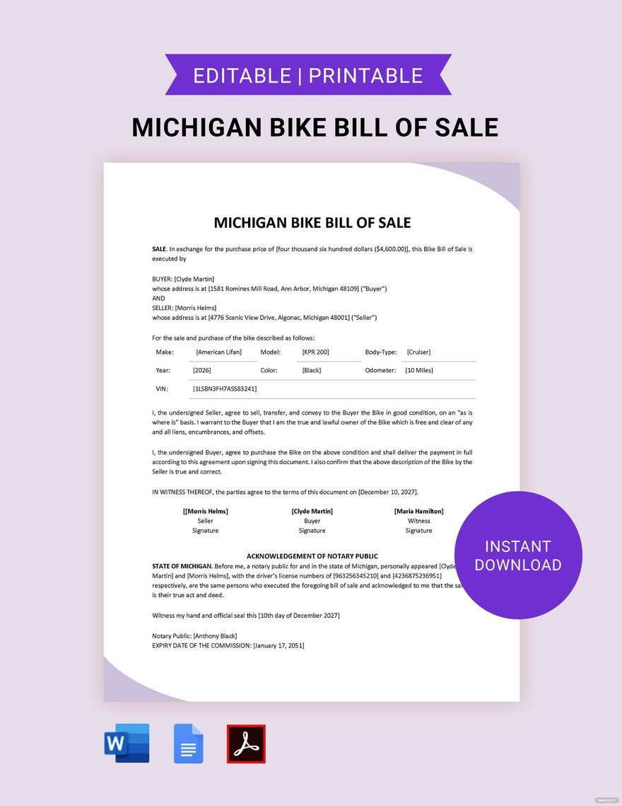 Michigan Bike/ Bicycle Bill of Sale Template in Word, Google Docs, PDF