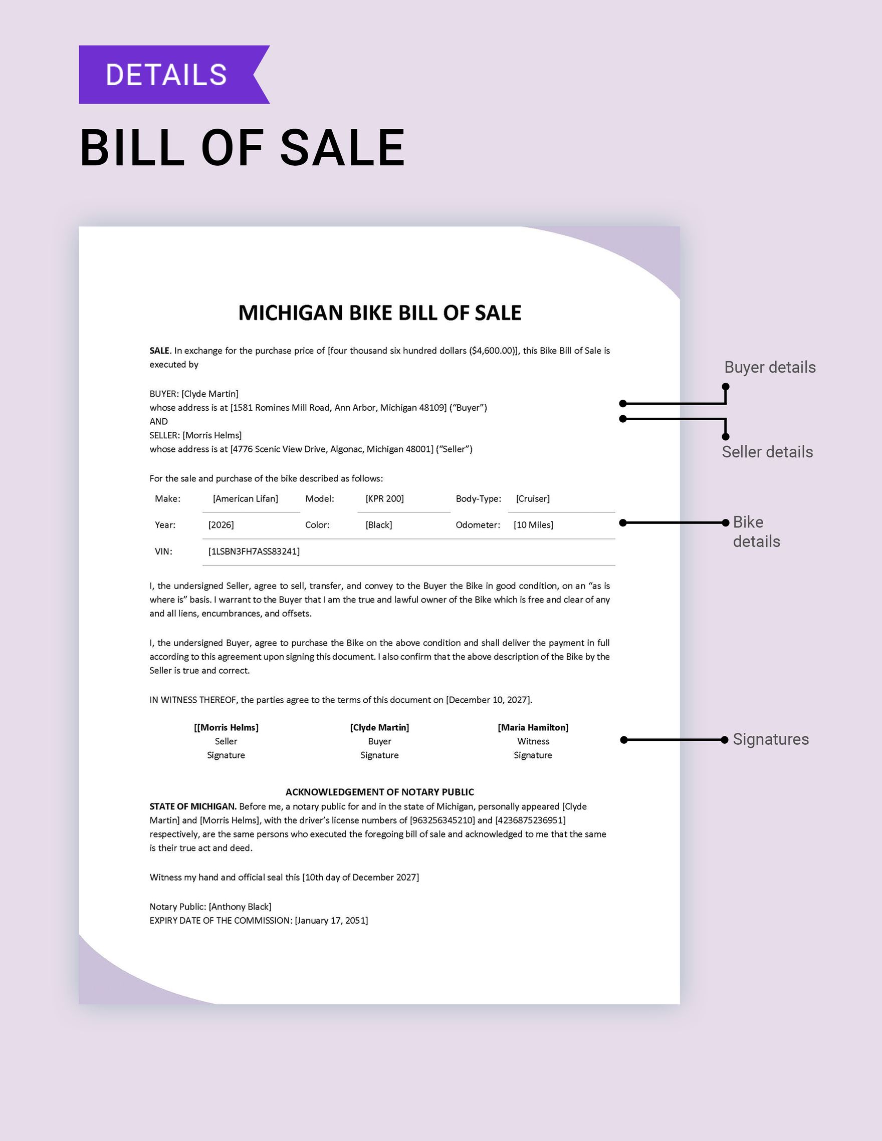 Michigan Bike/ Bicycle Bill of Sale Template