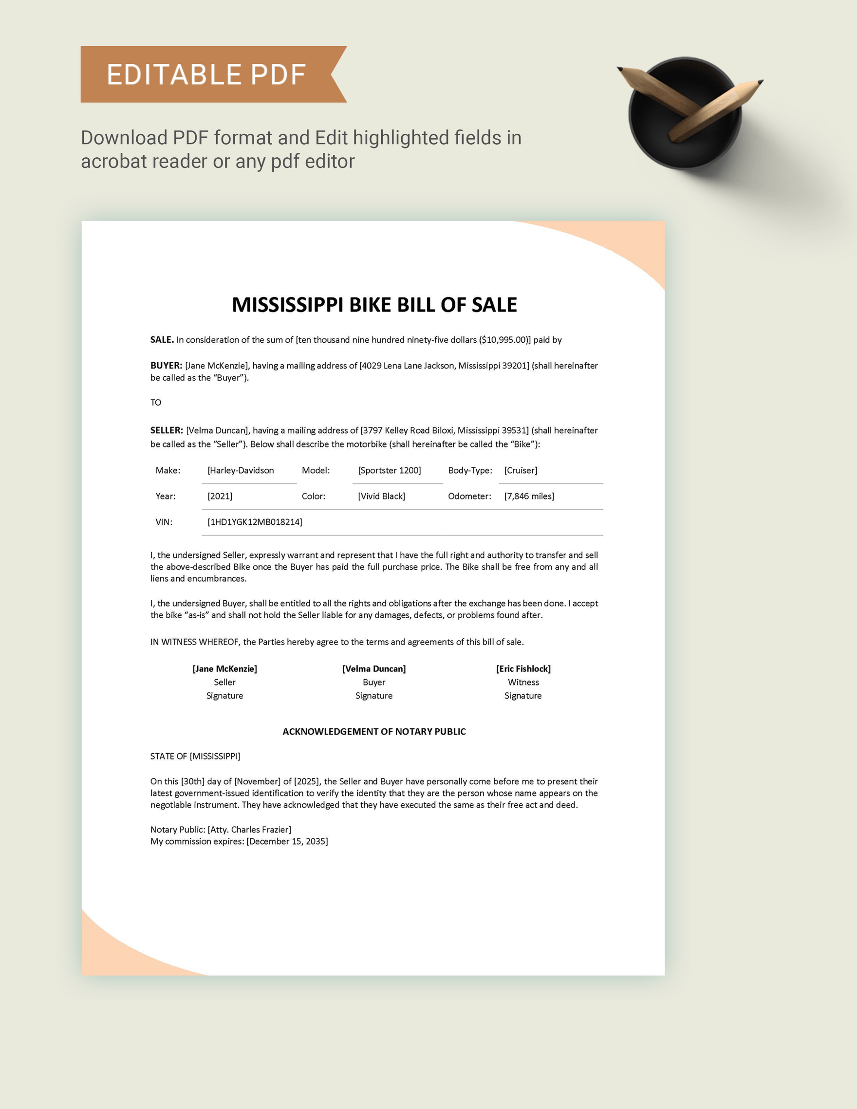 Mississippi Bike/ Bicycle Bill of Sale Template