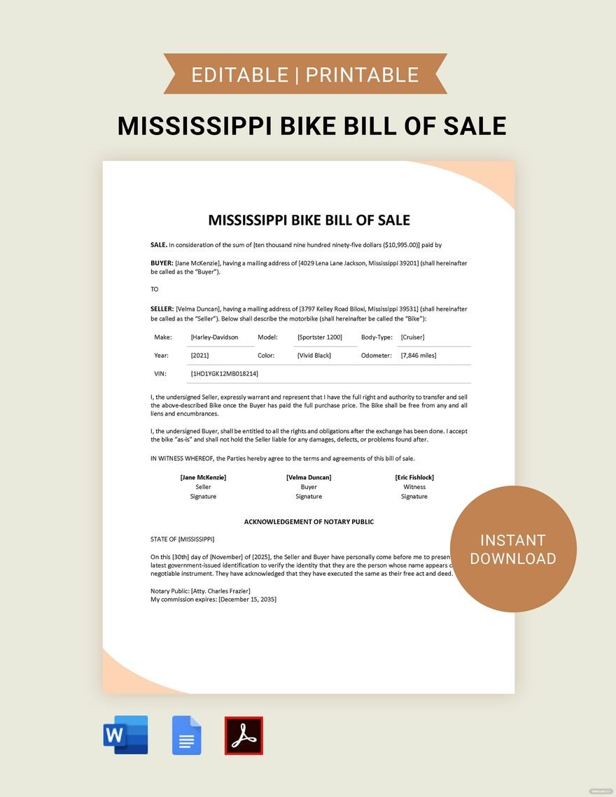 Mississippi Bike/ Bicycle Bill of Sale Template