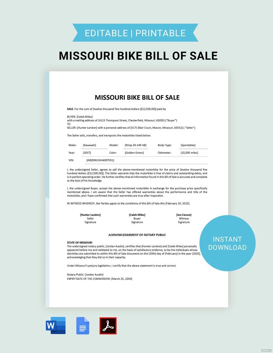Missouri Bike/ Bicycle Bill of Sale Template