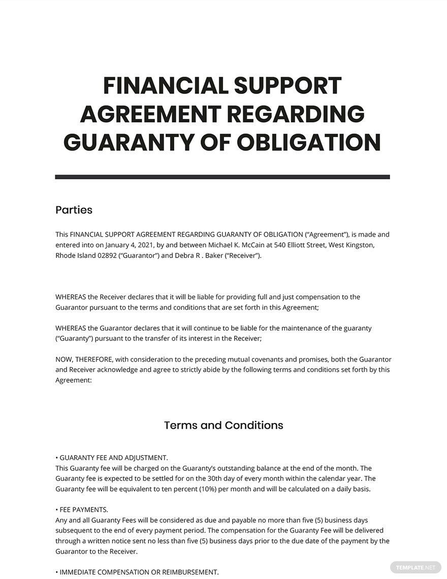 Financial Support Agreement Regarding Guaranty of Obligation Template