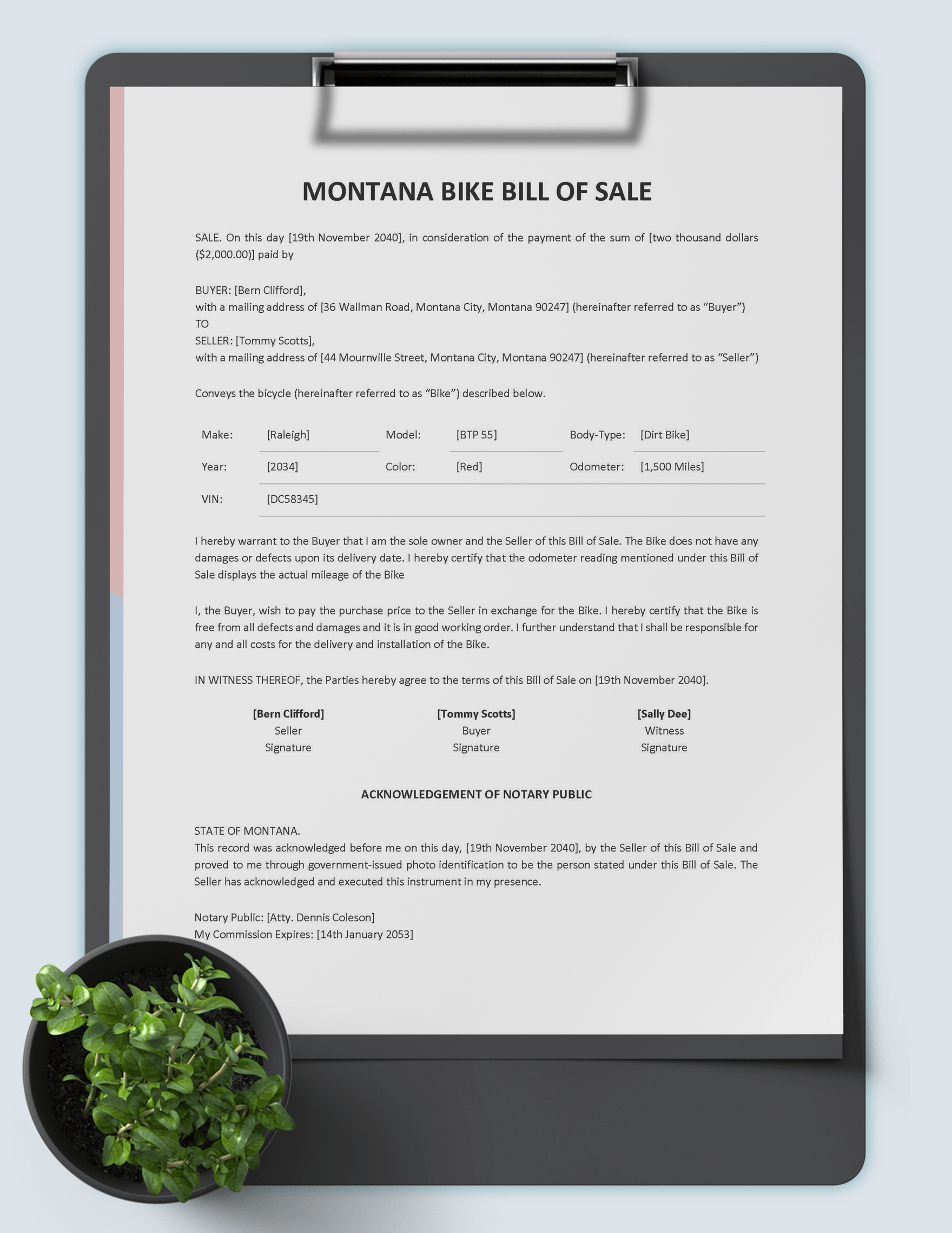 Montana Bike/ Bicycle Bill of Sale Template