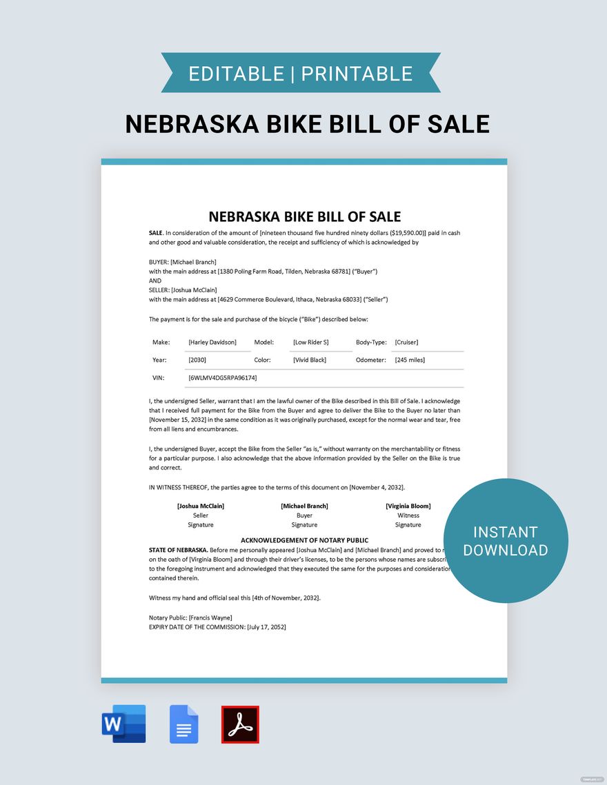 Nebraska Bike/ Bicycle Bill of Sale Template