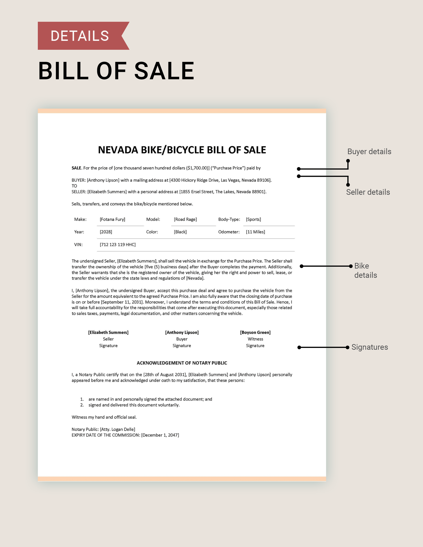Nevada Bike/ Bicycle Bill of Sale Template