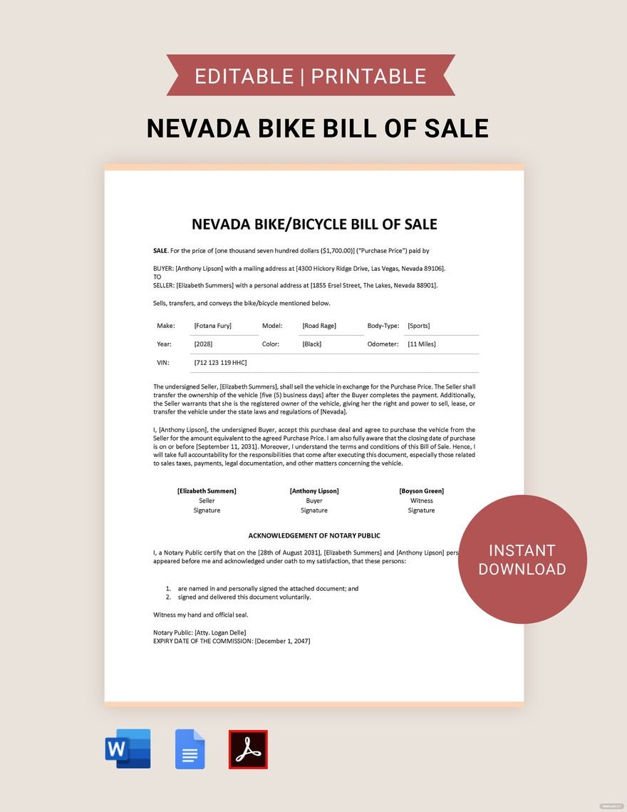 Nevada Bike/ Bicycle Bill of Sale Template in Word, Google Docs, PDF
