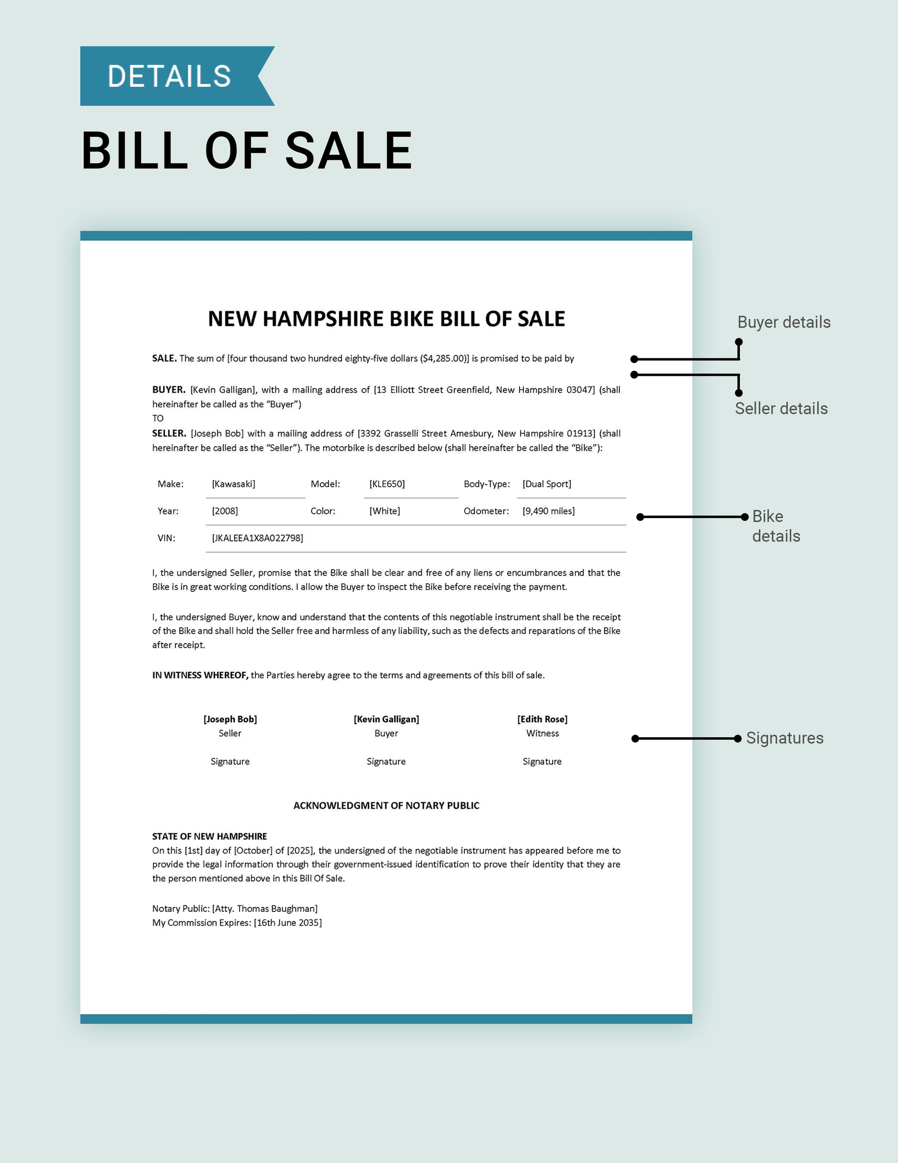 New Hampshire Bike/ Bicycle Bill of Sale Template